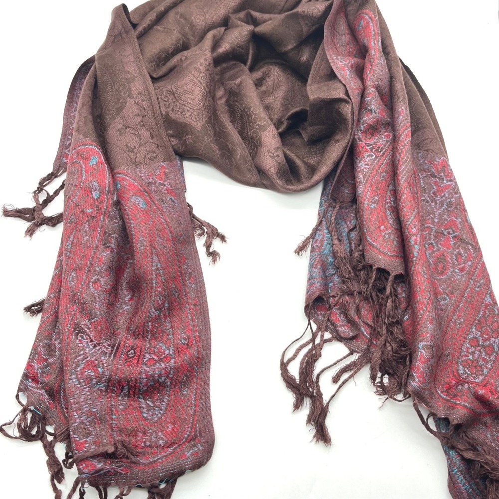 Brown Paisley Pashmina Shawl Scarf Red Blue Jacquard Fringe Wrap